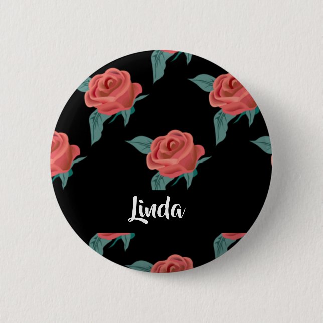 Pink roses on black 2 inch round button (Front)