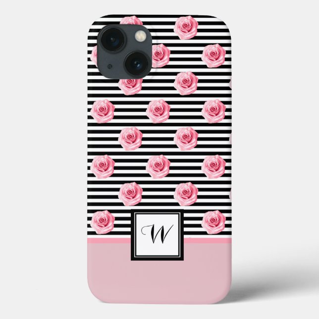 Pink Roses on Black and White Stripes with Initial Case-Mate iPhone Case (Back)