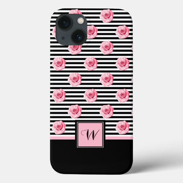 Pink Roses on Black and White Stripes with Initial Case-Mate iPhone Case (Back)