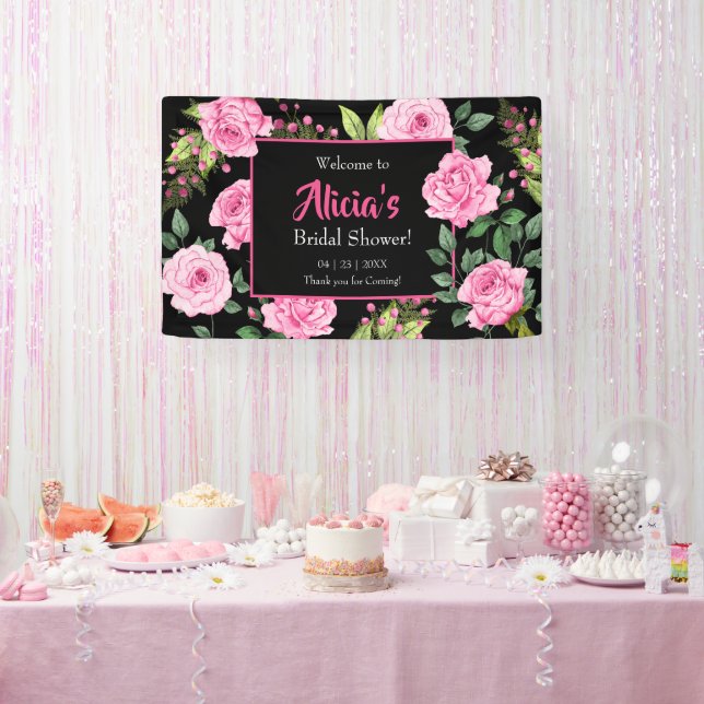 Pink Roses on Black Bridal Shower Banner (Party)