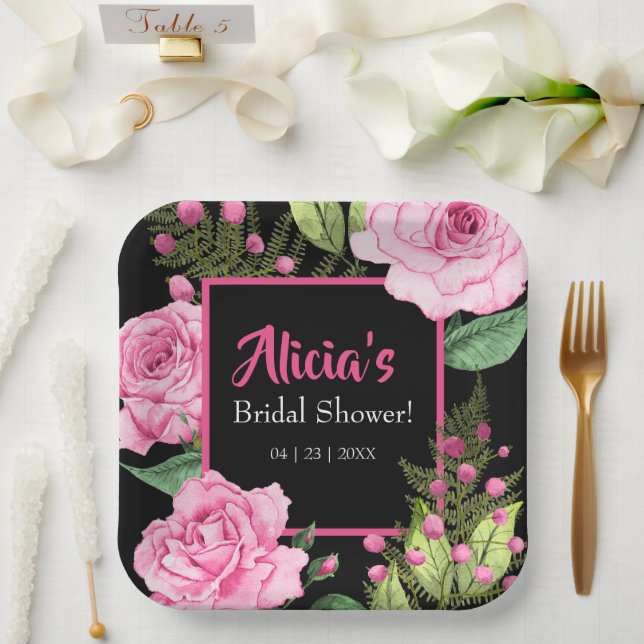 Pink Roses on Black Bridal Shower Paper Plate (Wedding)