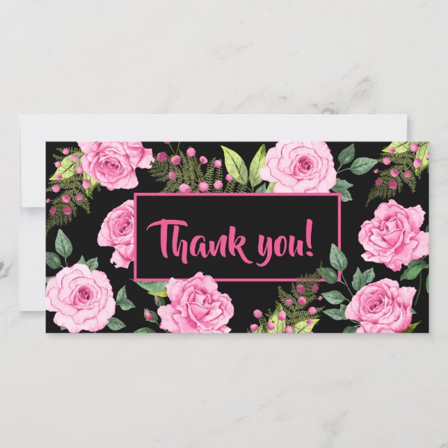Pink Roses on Black Bridal Shower Thank You Card (Front)