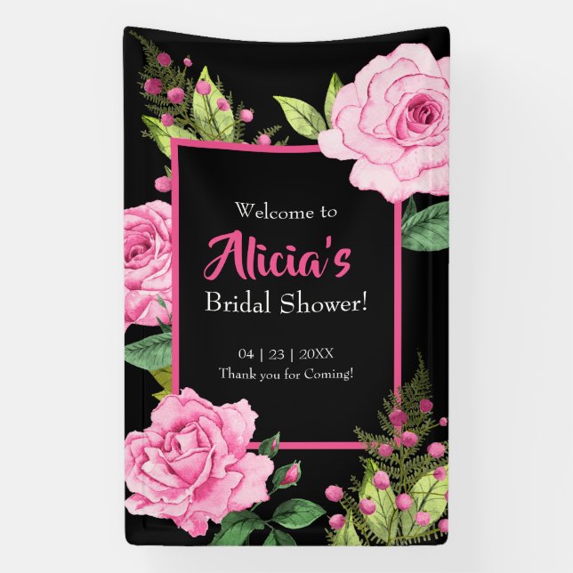 Pink Roses on Black Bridal Shower Vertical Banner (Vertical)