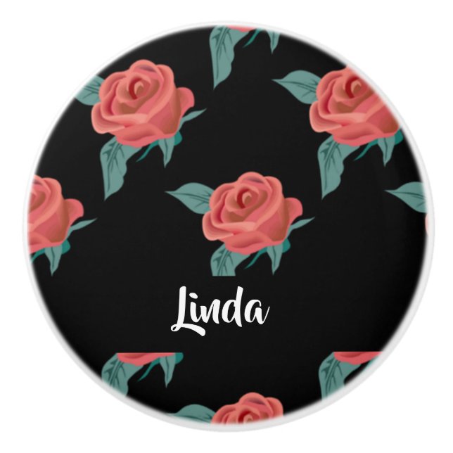 Pink roses on black ceramic knob (Front)