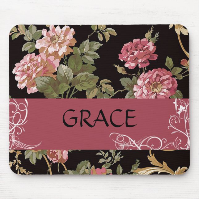 Pink Roses on Black Floral Personal Mouse Pad (Front)