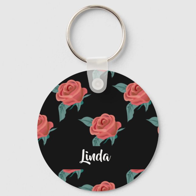 Pink roses on black keychain (Front)