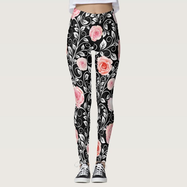 Pink Roses on Black  Leggings (Front)