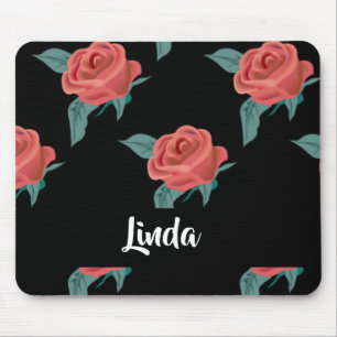 Pink roses on black mouse pad