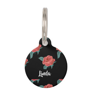 Pink roses on black pet tag