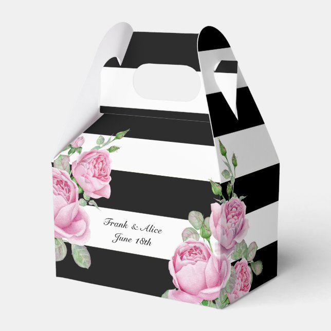 Pink Roses on Black Stripes Custom Favor Box (Front Side)
