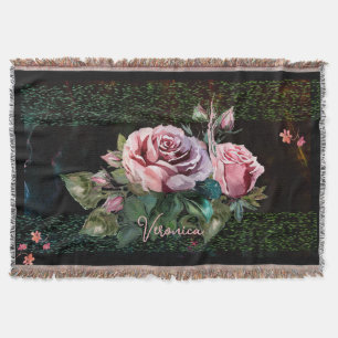 Pink Roses on black Throw Blanket