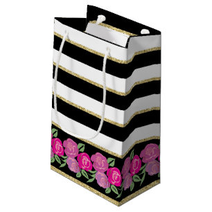 Pink Roses on Black, White, Gold Gift Bag