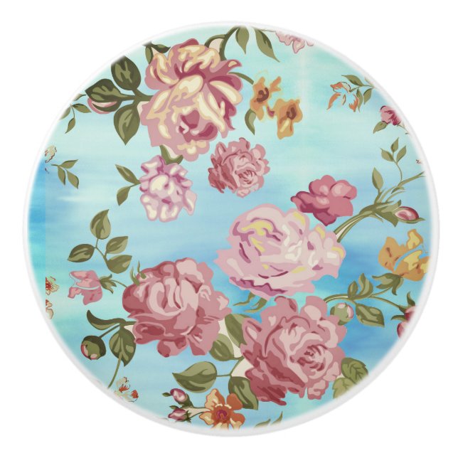 Pink Roses on Blue Background  Ceramic Knob (Front)