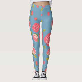 Pink Roses on Blue Background Leggings