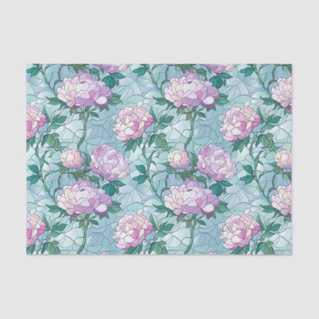 Pink Roses on Blue Background Stained Glass Effect Tissue Paper (Front)