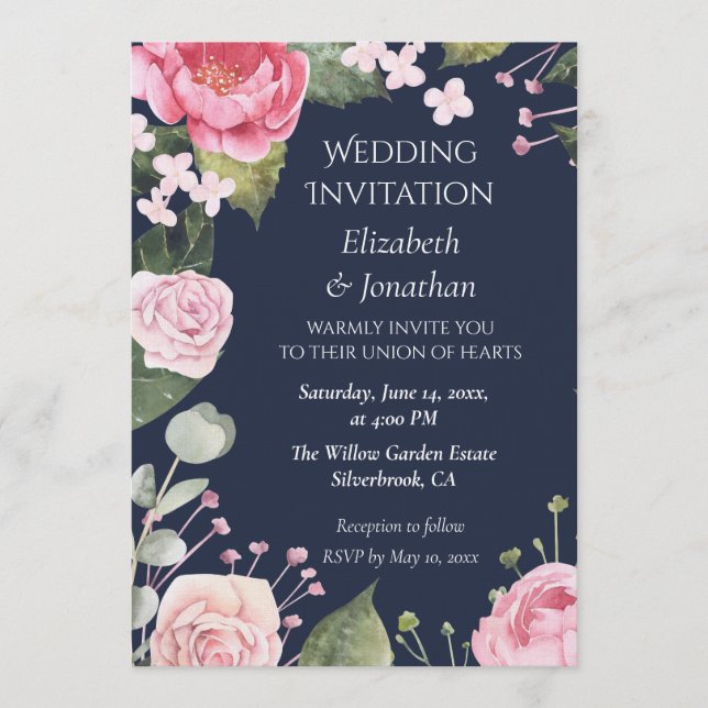Pink Roses on Blue Customizable Wedding Invitation (Devant)