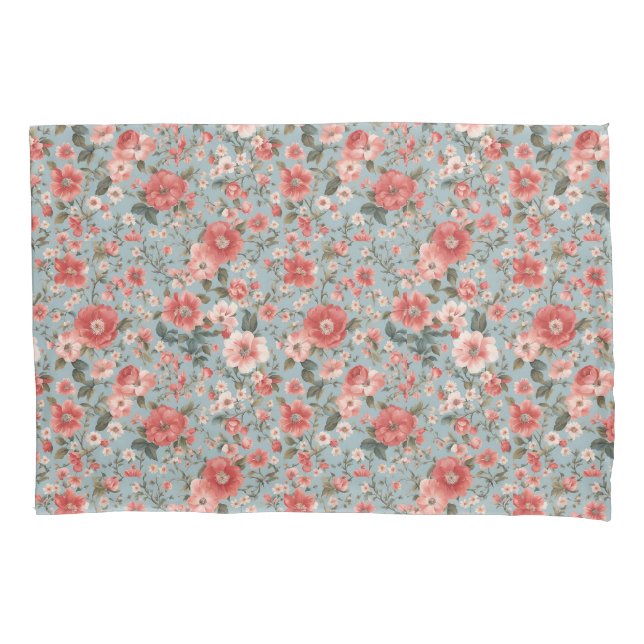 Pink Roses on Blue English Cottage Pillowcase (Front)