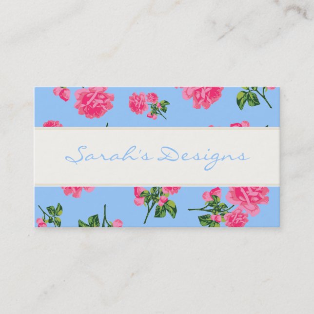 Pink Roses on blue Floral Business Cards (Front)