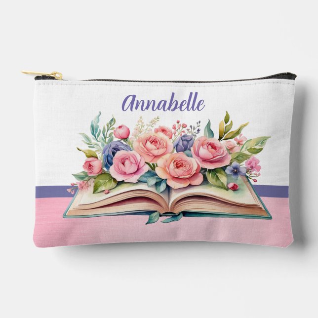 Pink Roses on Book Small Accessory Pouch (Front)