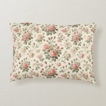 Pink Roses on Cream Vintage Accent Pillow