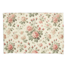 Pink Roses on Cream Vintage Pillow Case