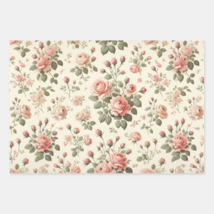 Pink Roses on Cream Vintage Wrapping Paper