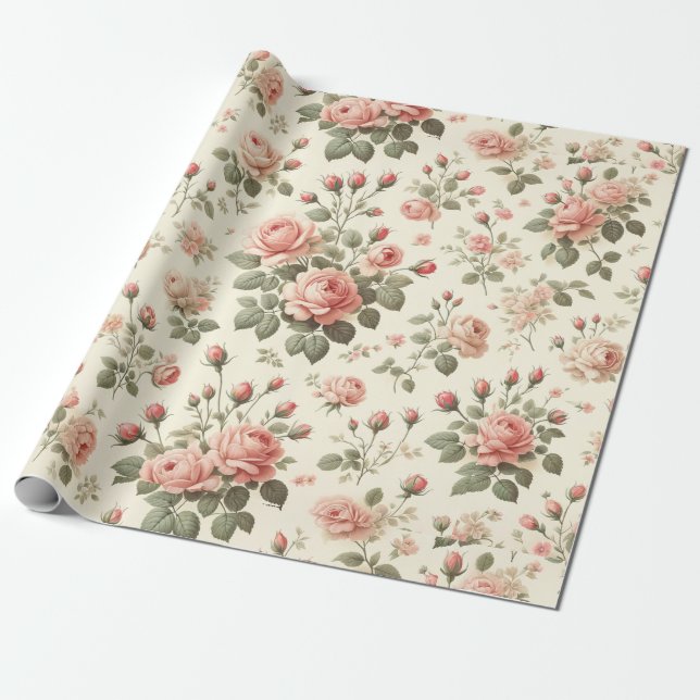 Pink Roses on Cream Vintage Wrapping Paper Roll (Unrolled)