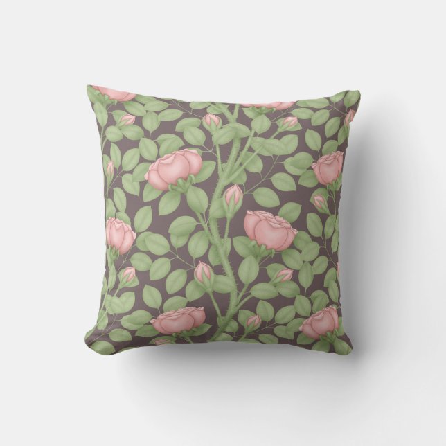 Pink Roses on dark plum Throw Pillow (Front)