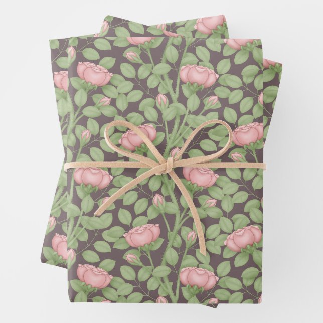 Pink Roses on dark plum Wrapping Paper Sheet (In situ)