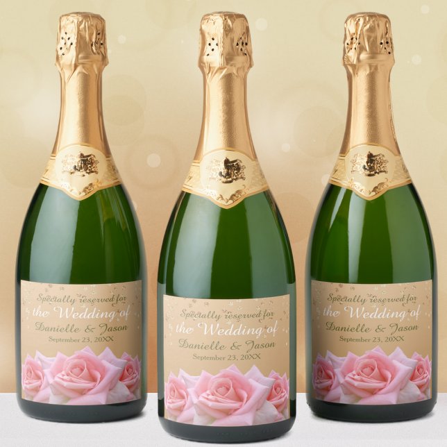 Pink Roses on Glitzy Gold Champagne Label (Creator Uploaded)