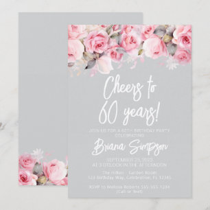 Pink Roses on Gray Floral 60th Birthday Party Invitation