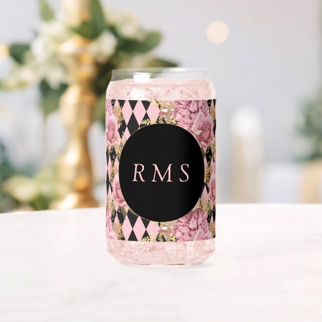 Pink Roses on Harlequin Monogram   Can Glass (Insitu (Wedding))