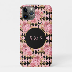 Pink Roses on Harlequin Monogram iPhone 11 Pro Case