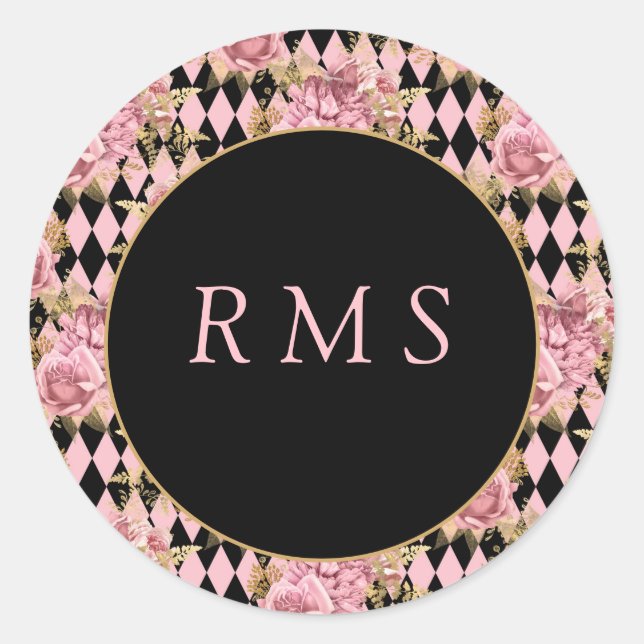 Pink Roses on Harlequin Monogram  Classic Round Sticker (Front)