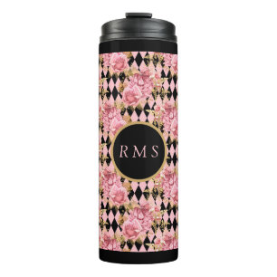 Pink Roses on Harlequin Monogram Thermal Tumbler