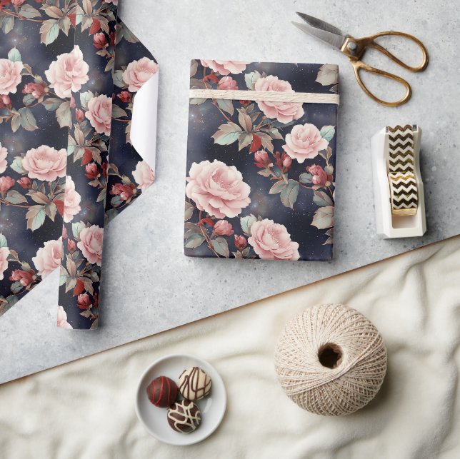 Pink Roses on Magic Night Sky  Wrapping Paper (Crafts)