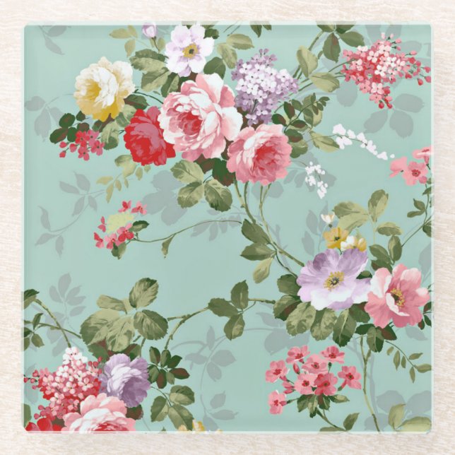 Pink Roses on Mint Vintage Glass Coasters (Front)