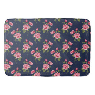 Pink Roses on Navy Blue, Shabby, Large Bath Mat