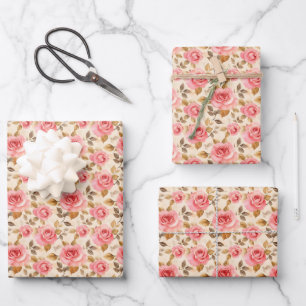 Pink Roses on Pale Yellow Wrapping Paper Sheet