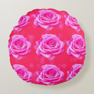 Pink Roses On Pink Bokeh Background, Round Pillow