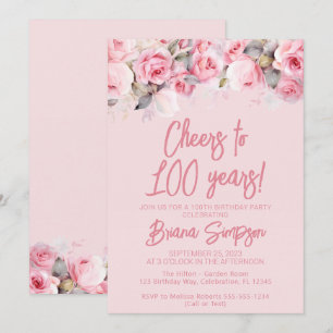 Pink Roses on Pink Floral 100th Birthday Party Invitation