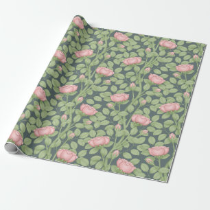 Pink Roses on Slate Blue (large scale) Wrapping Paper