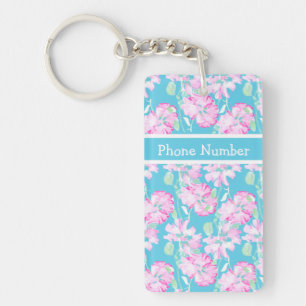 Pink Roses on Turquoise Custom Keychain