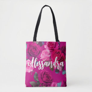 Pink Roses on Viva Magenta   Romantic Tote Bag