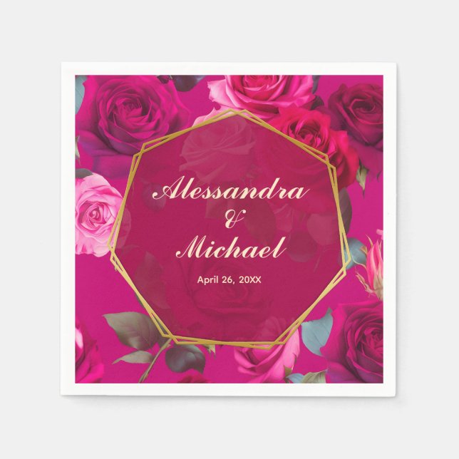 Pink Roses on Viva Magenta | Wedding Napkin (Front)