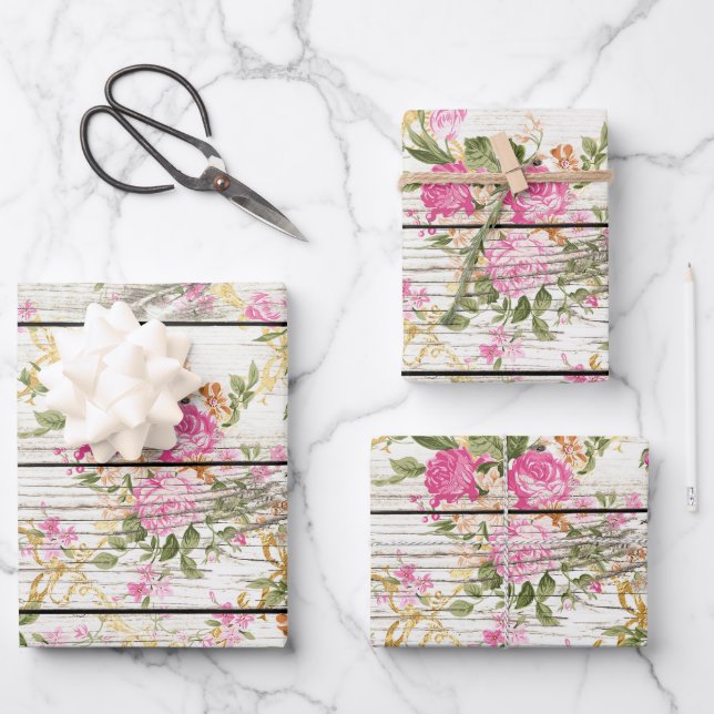 Pink Roses on White Barnboard Wrapping Paper Sheet (Front)