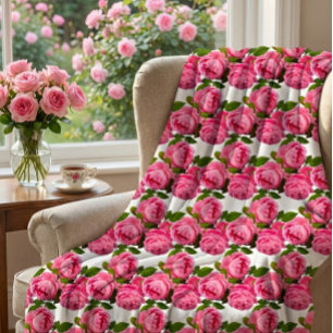 Pink Roses on White Fleece Blanket