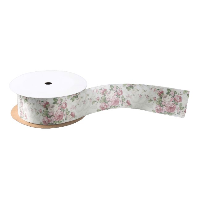 Pink Roses on White Satin Ribbon (Spool)