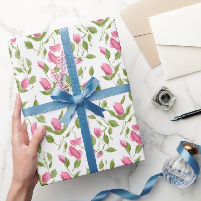 Pink Roses On White Wrapping Paper (Gifting)