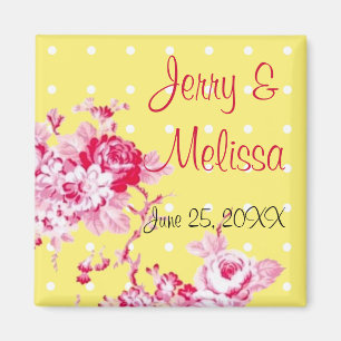 Pink Roses On Yellow Wedding Favour Magnet